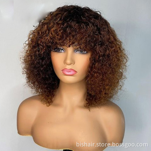 Jerry Curly Human Hair Wigs with Bangs Full Machine Made Wigs Highlight Honey Blonde Colored Wigs For Women Brazilian Remy Hair